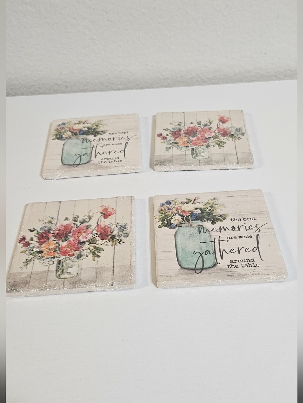 Rustic Floral Mason Jar Coaster Set - Blue and Pink - Home Dining